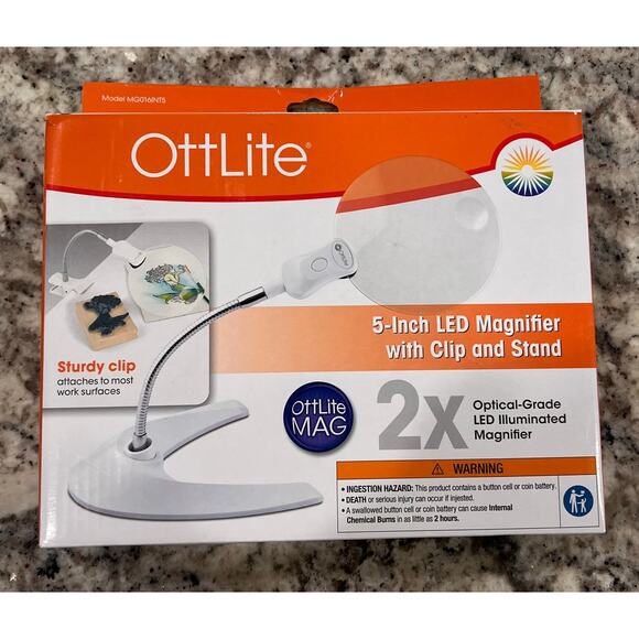 OttLite 5-inch LED Magnifier with Clip & Stand - 2x Magnification- Rimless Lens - Picture 1 of 6